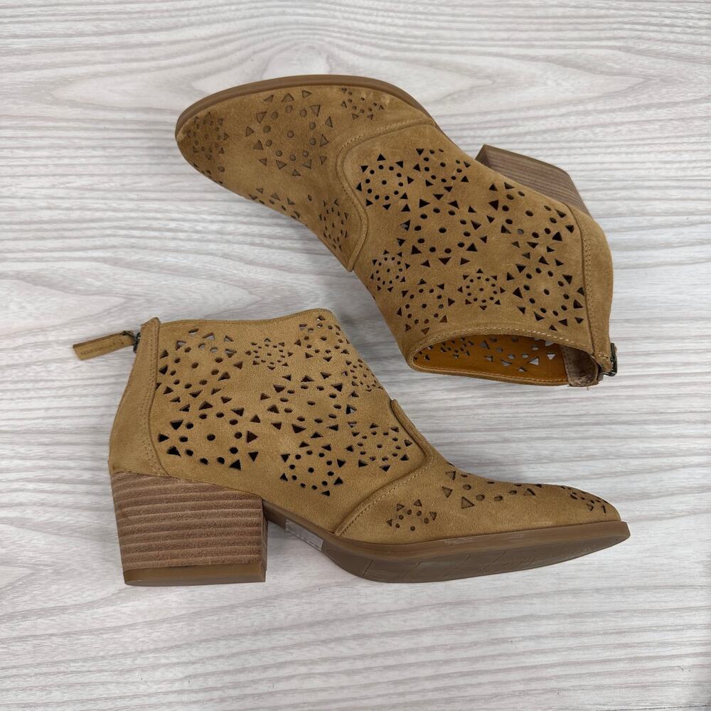 Franco Sarto Booties WMNS 6M Brown Laser Cut Ashlee Ankle Suede Block Heel Boot - Picture 4 of 9